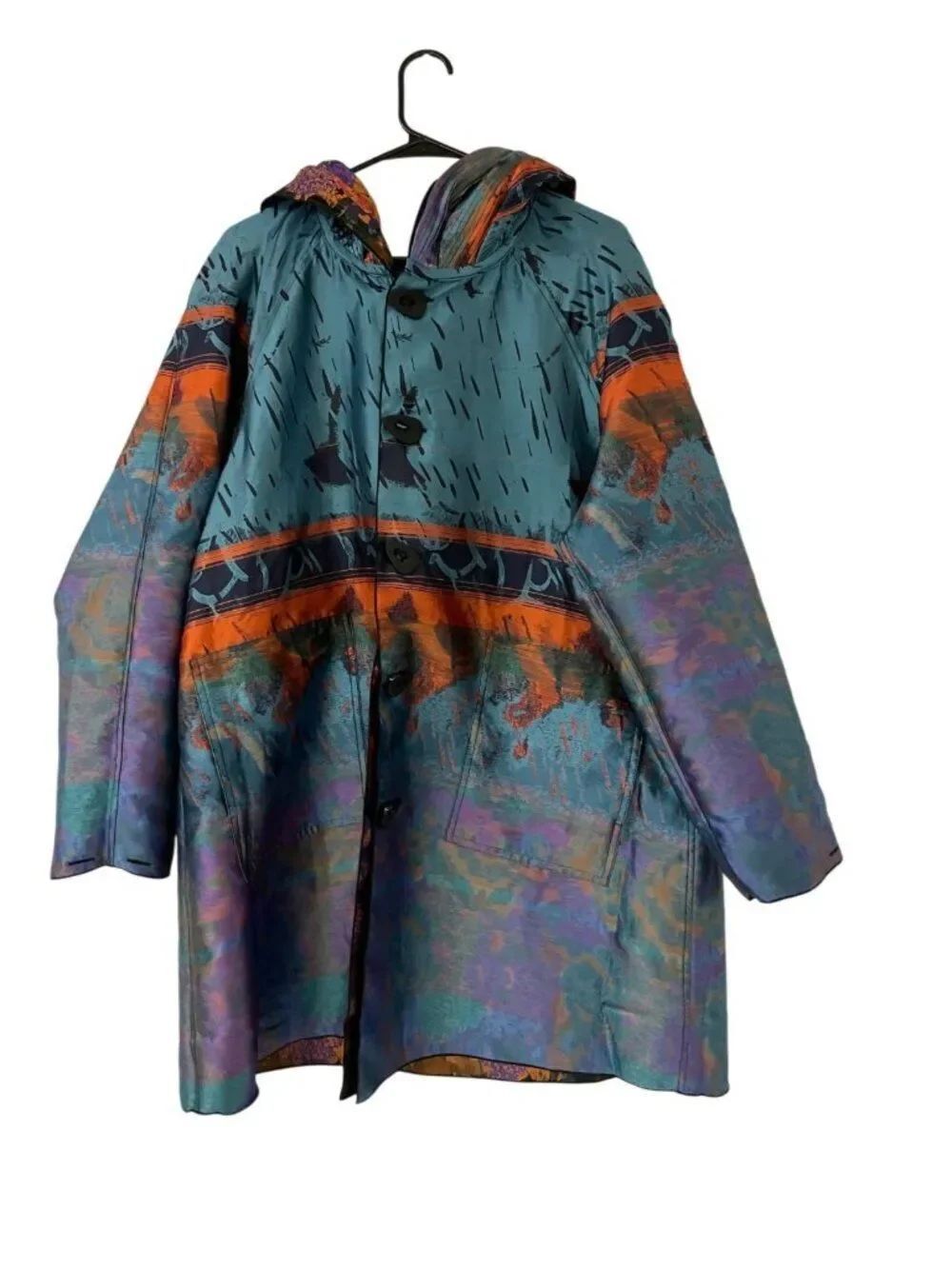 Ubu Womens Jacket Raincoat M Medium Multicolor Abstract Hooded Button Front NWT